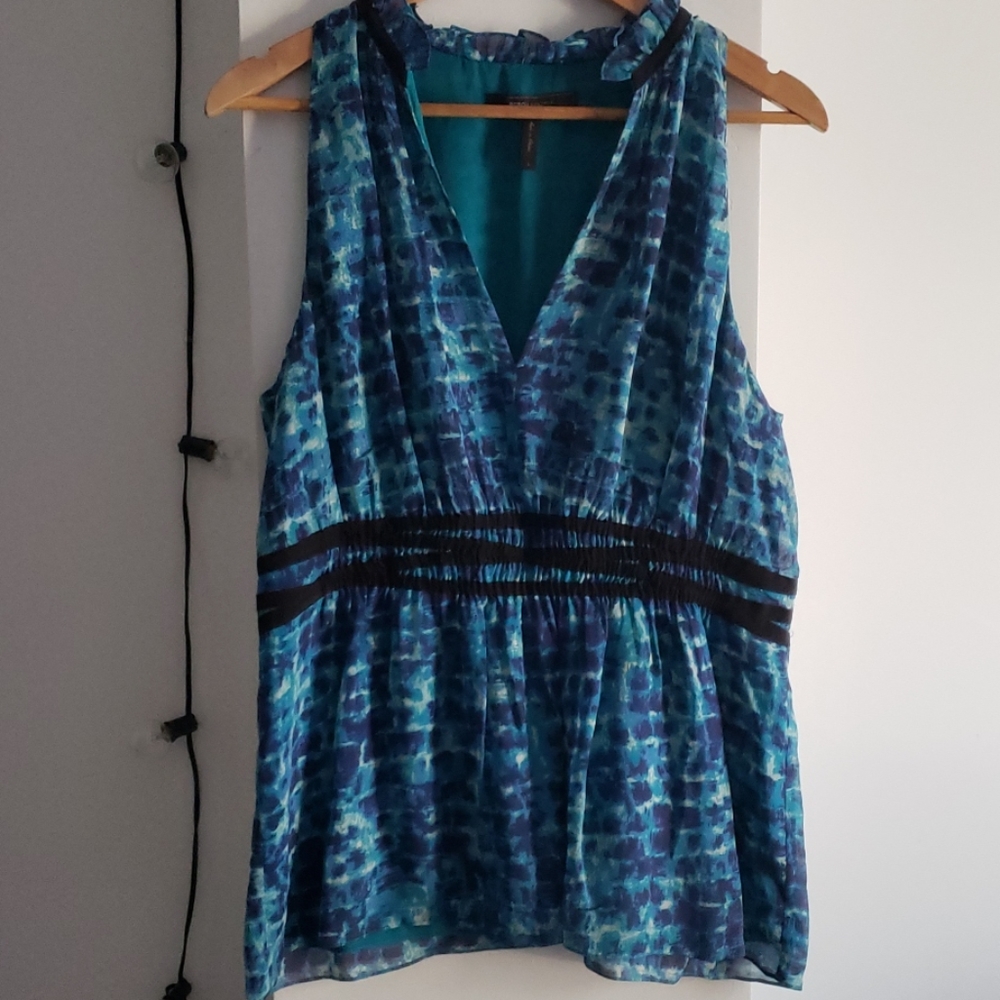 BCBG Aqua Blue Printed Empire Waist Silk Blouse